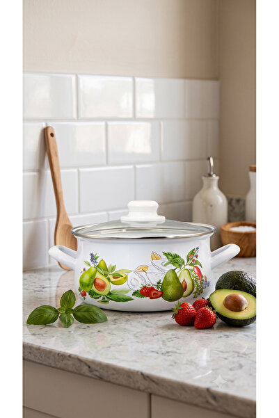 Bonera 16cm Avocado Patterned - Single Enamel Casserole Pot with Glass Lid