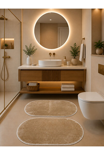 Lionhome Peluş Banyo Paspası Renk Bej 2'li Set Kaymaz Taban Saçaksız50x80(Ova...