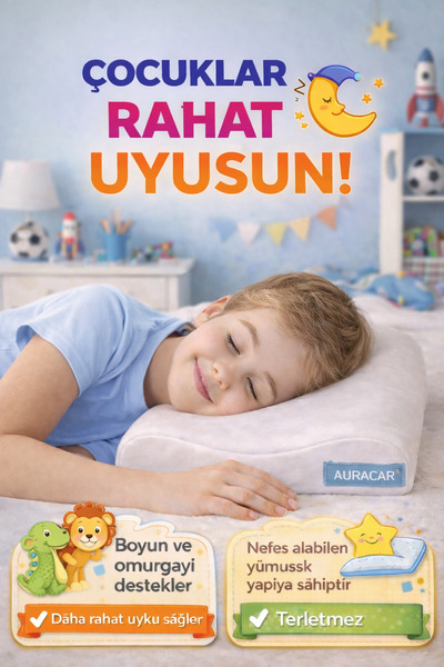 Auracar Çocuklar İçin Ortopedik Visco Yastık Boyun Destekli Terletmeyen Ergon...