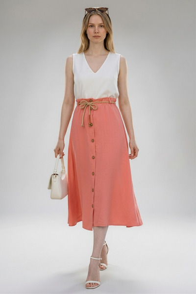 Moda Mistik Sienna Midi Etek Aerobin Kumaş Pudra Pembe Düğmeli