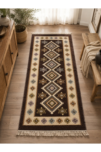 Horecahome Covor tradițional, dimensiune 80 x 125 cm, maro și crem, model ROMB