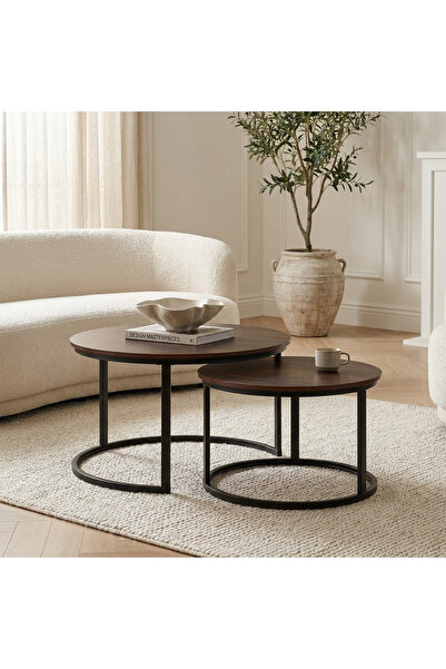 Vi Markets Orbit Table Set - Round Serving Tables - Brown Wood
