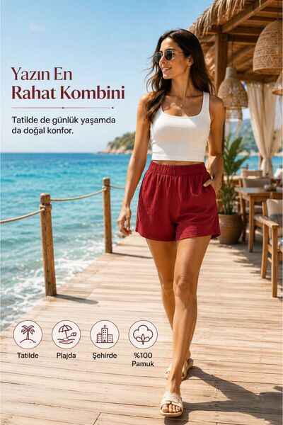 OTEXSA Pantaloni scurți de muselină pentru femei, 100% bumbac, cu buzunare, t...