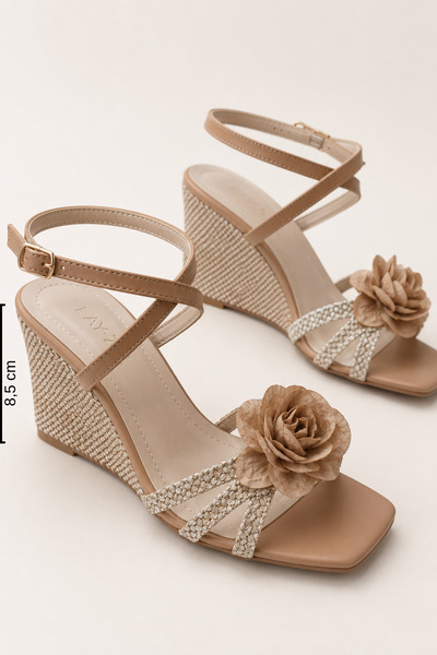 Women Lay-z Women's Beige Straw Ankle Strap Wedge Ball Floral Sandals - Casua...