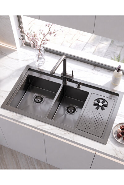 DUREVO Moderno Double- 100x50 cm Paslanmaz Çelik Çift Hazneli Bardak Yıkamalı...