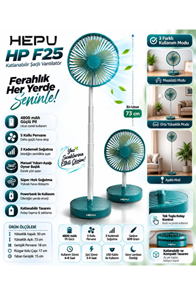 HEPU HP F25 Şarjlı Taşınabilir Masa Üstü Vantilatör 4800 mAh 5 Kollu Süper So...