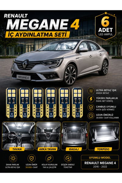 DuoLight Renault Megane 4 Uyumlu LED İç Aydınlatma Seti Beyaz T10 Ampul Takım...