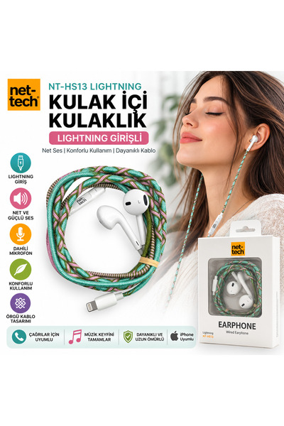 NT-HS13 Lightning Girişli Kulak İçi Kulaklık Mikrofonlu Kablolu iPhone Uyumlu Örgü Kablo