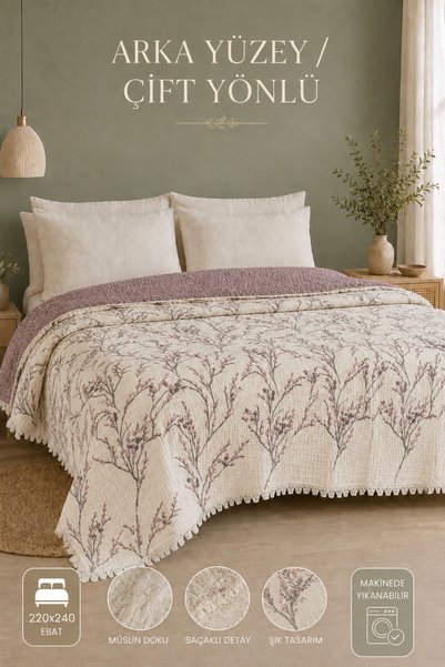 VERONİCA LİNE Muslin Bedspread Pike 220X240 – 100% Cotton, Bohemian Tasseled Reversible