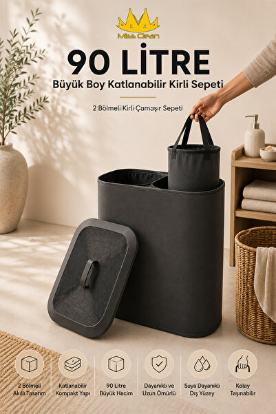 Miss Clean ( 90 LİTRE ) Büyük Boy Katlanabilir Kirli Sepeti 2 Bölmeli Kirli Ç...