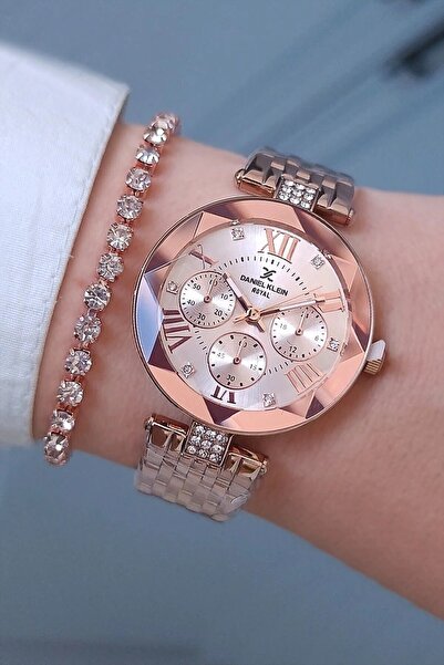 Daniel Klein 33 mm Çelik Bilezik Kesme Camlı Rose Gold Kadın Kol Saati, Taşlı...