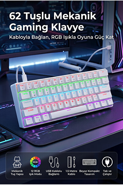 RGB led Backlit Mechanical Gaming Keyboard White Portable Compact Design Type-C Connected