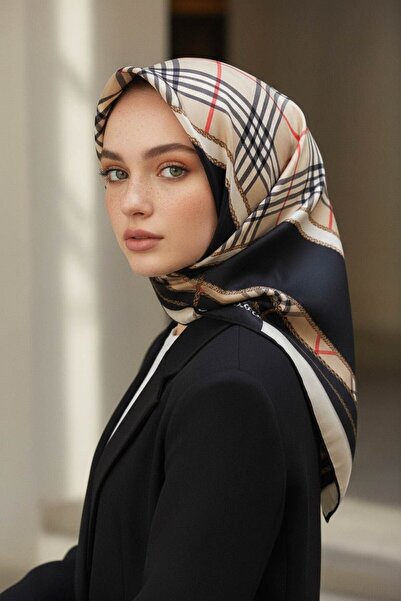 Vissona Twill Ipek Eşarp Ekose Desenli, Siyah, Krem, Bej
