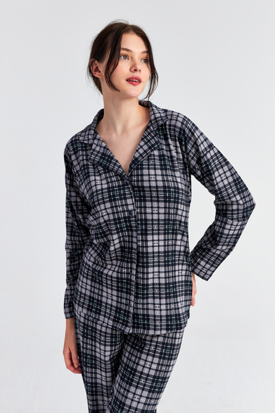Ecrou Set de pijamale pentru femei, gri negru, cu model în carouri, cu mânecă...