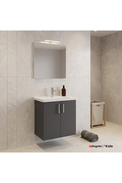 KALE Noah Antrasit 65 cm Kapaklı Alt Dolap, Lavabo ve Aynalı Banyo Seti