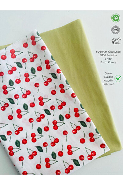seyranat 2 Pieces of 50 cm Wide Pastel Green and Red Cherry Patterned Cotton ...