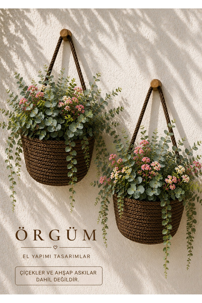EGE ÖRGÜM Sepet Dekoratif 2'li Mini Organizer Mini Saksılık 12x10 Cm ( Bitkil...