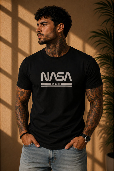 Unisex Büyük Beden Nasa Göğüs Detay Printed %100 Pamuk A++ Oversize T-shirt