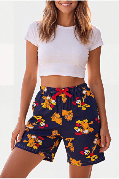 Pijahane Kadın Garfield Baskılı Lacivert Pijama Şortu Rahat Kesim Yazlık Ev Ş...