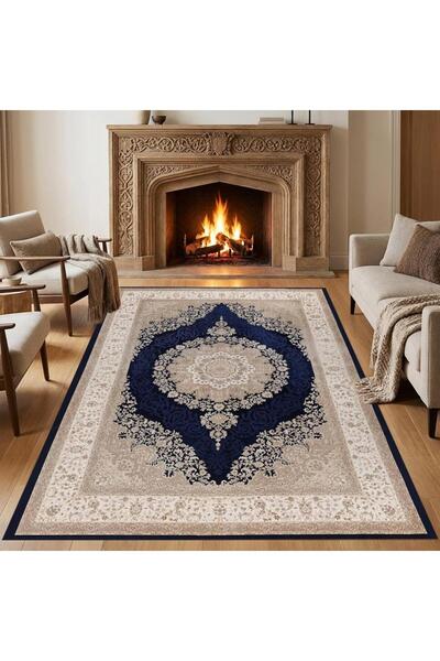 Carpettex Klasik Madalyonlu Lacivert Krem Halı – Zarif Desenli, Şık ve Zamansız Tasarım Dijital Baskı Halı 7