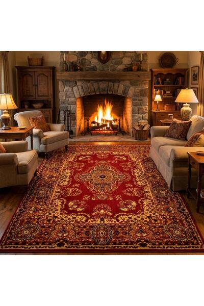 Carpettex Kırmızı Klasik Halı Desenli Dijital Baskılı Kaymaz Tabanlı Salon Halısı Dijital Baskı Halı 7 mm