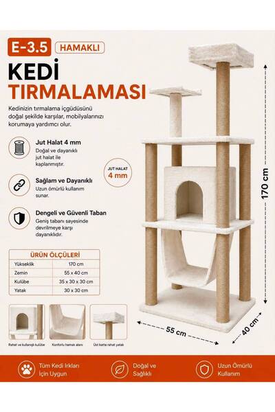 Dumanpet E3.5 Kedi Tırmalama Ve Oyun Evi Krem 170x55x40 Cm
