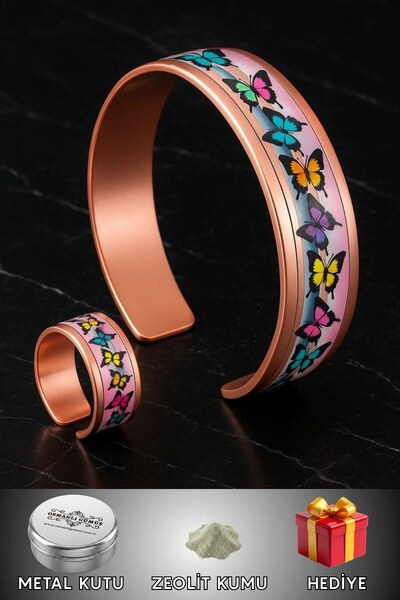 OSMANLI GÜMÜŞ Women's Copper Bracelet Ring Set - Butterfly Model Special Edit...