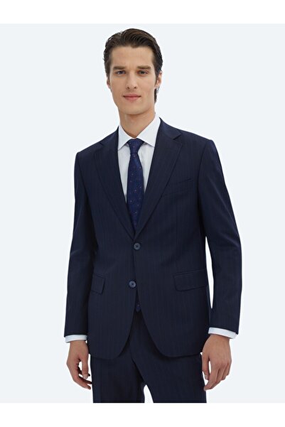 Kip Navy Blue Striped Modern Fit Wool Blend Suit