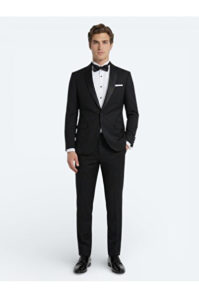 Kip Siyah Slim Fit Şal Yaka Dokuma Smokin Takım Elbise