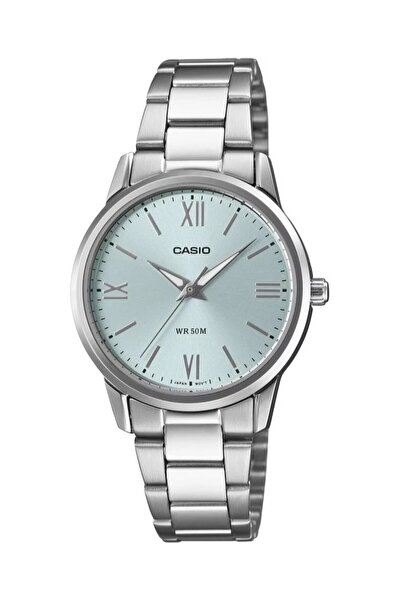 Casio ساعة يد نسائية بمينا أزرق وسوار رمادي اللون مضمونة