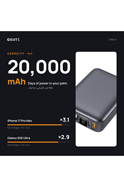 iOsuite باور بانك صغير بسعة 20000 مللي أمبير | شحن سريع 22.5 واط | منفذان + كابلات مدمجة من النوع C و Lightning | رمادي