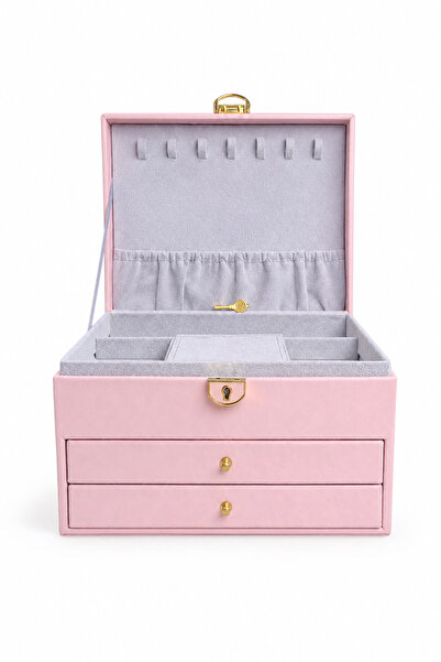 Ecrou 2 Çekmeceli Deri Görünümlü Kilitli Takı Kutusu Pembe 23 x 17 x 14 cm