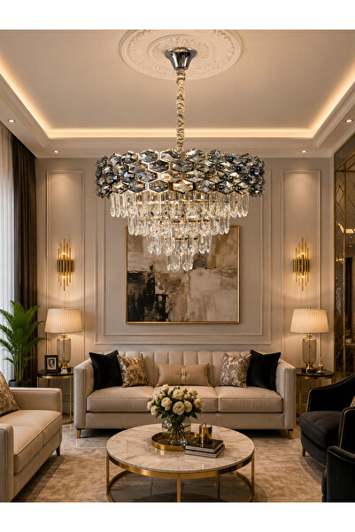 Led YENİ MODEL 50 CM KRİSTAL LÜX SALON AVİZE KROM RENK