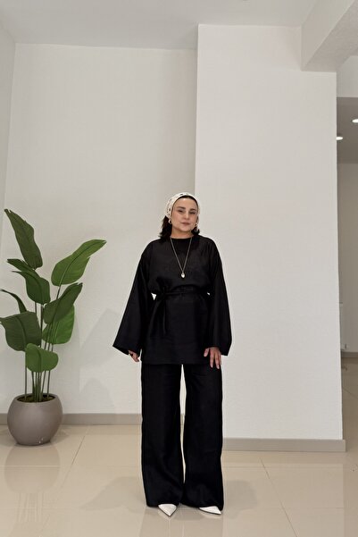 CHUL Plus Size Women's Raw Linen Belted Tunic Pants Set - Black