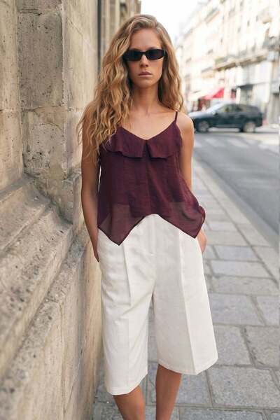Sateen Ruffle Detailed Strappy Blouse - Burgundy