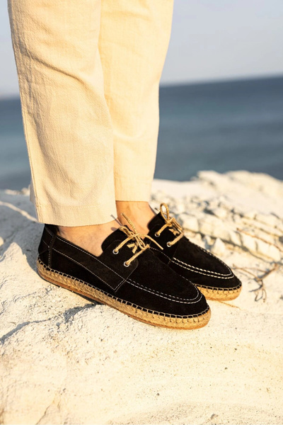 by selvi Lukka Shoes Fleur Genuine Leather Black Lace-Up Espadrille