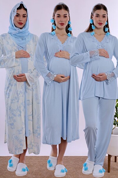 ByLohusa Patterned Cotton Maternity and Postpartum Set with Breastfeeding Fea...
