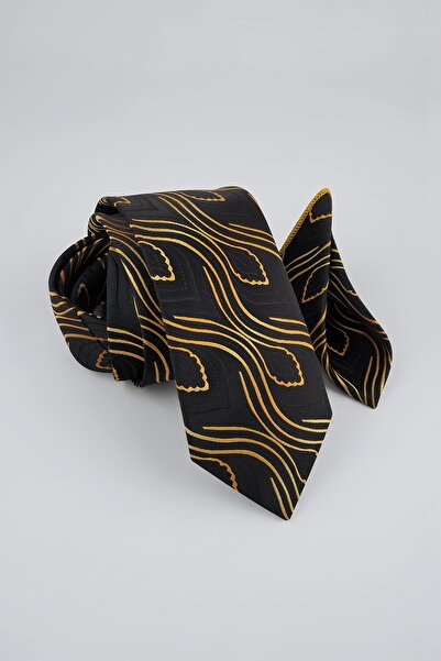 Milleniva Shawl Patterned Black Gold Tie & Handkerchief