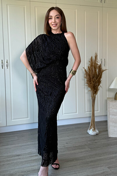 Dilay Gökoğlu Butik One-Shoulder Halter Neck Draped Elegant Shimmering Maxi B...