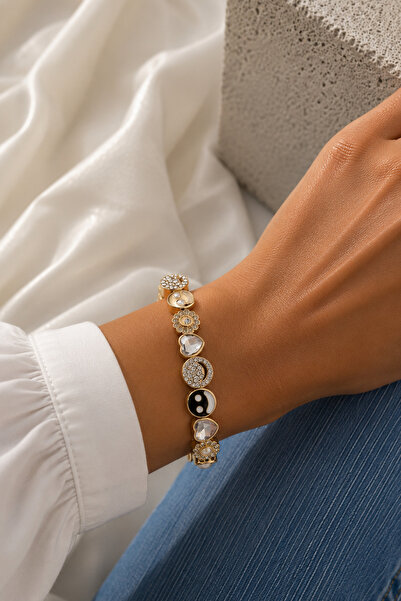 Modex Special Series Gold Color Smiling Face Heart Detail Stone Rubber Bracelet