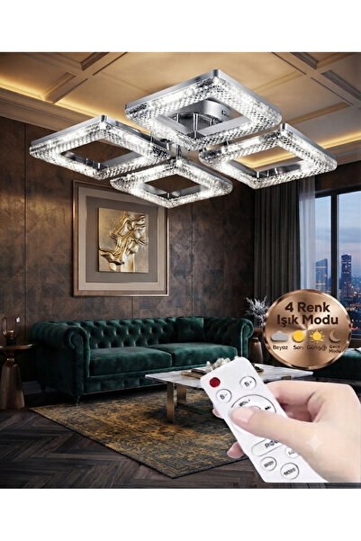 Lüxev Lighting Kare Model Gümüş 4"lü Ledli 3 Renk Modu Kristal Salon Mutfak Y...