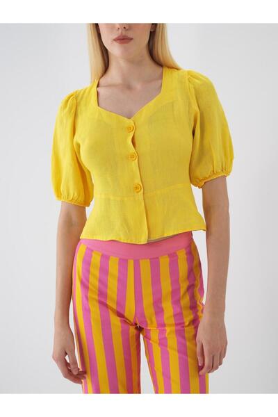 Xint Kadın Sarı %100 Keten Regular Fit Bluz