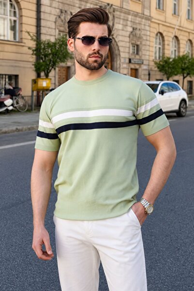 Madmext Pruhované pánske tričko Çağla Green Crew Neck E7412