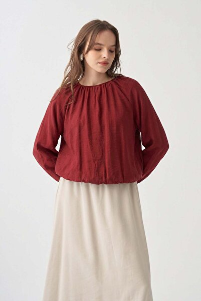 ALLDAY Burgundy-Collar Ruched Blouse