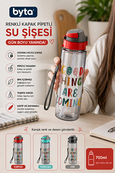 BYTA 700 ml Pipetli Su Matarası Kilitli Kapaklı Sızdırmaz Tritan Matara Taşım...