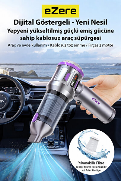 EZERE TurboVac 20000pa Güçlü Dijital Göstergeli Vakumlu Kablosuz Üflemeli Mini Araç Süpürgesi