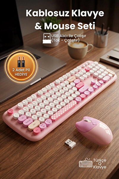 Geezer Kablosuz Klavye ve Mouse Set Renkli Sevimli 100 Tuşlu Pc Notebook Lapt...