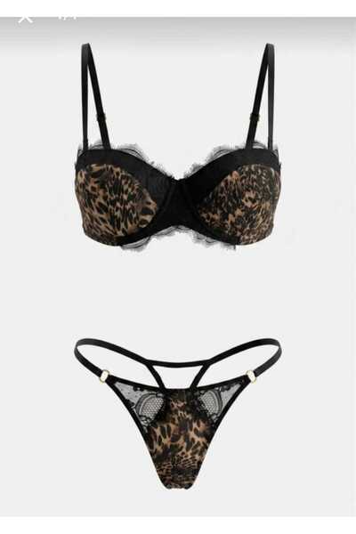BERZÜM Kadın Leopar İç Çamaşırı Takımı 5 Parça Zincir Detaylı Seksi Gecelik F...