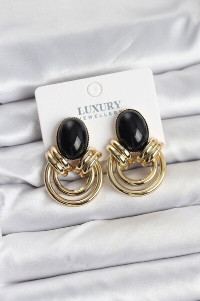 Inure Jewelry أقراط نسائية عتيقة من النحاس الذهبي مع أحجار سوداء