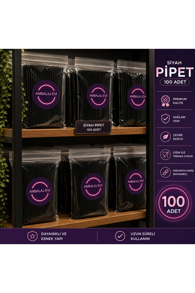 Ambalaj Evi Black Frozen Pipette Gelatin Straws Individually Packaged 100 Pieces Thick Durable Drinking Straws